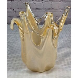 Italy Murano Blown Glass Bowl Vase Splash Of Beautiful Color Gold Yellow Cream